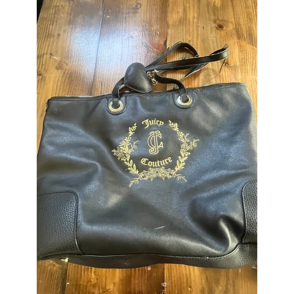 Juicy Couture Black Gold Embroidered Logo‎ Tote Bag Crossbody Large Heart Charm